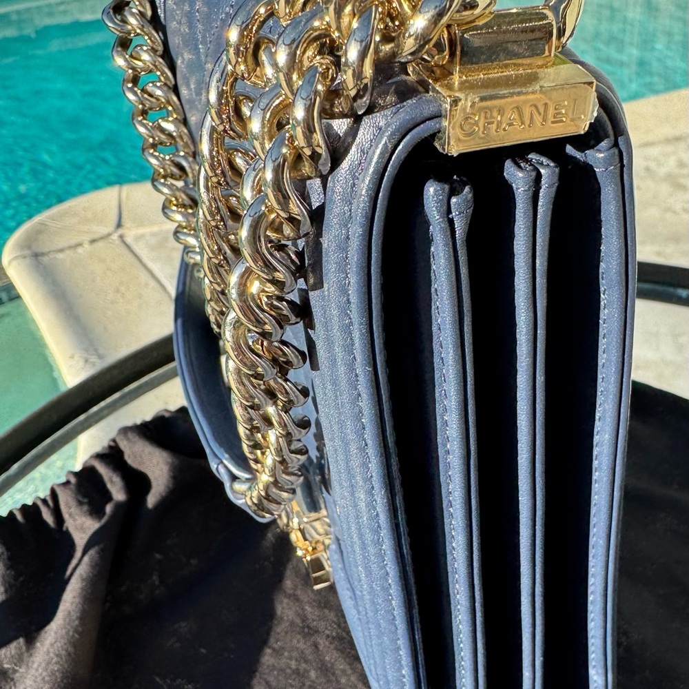 Chanel North South Boy Bag Midnight Blue Quilted Crossbody Bag Champagne Hardwar - Picture 5 of 15